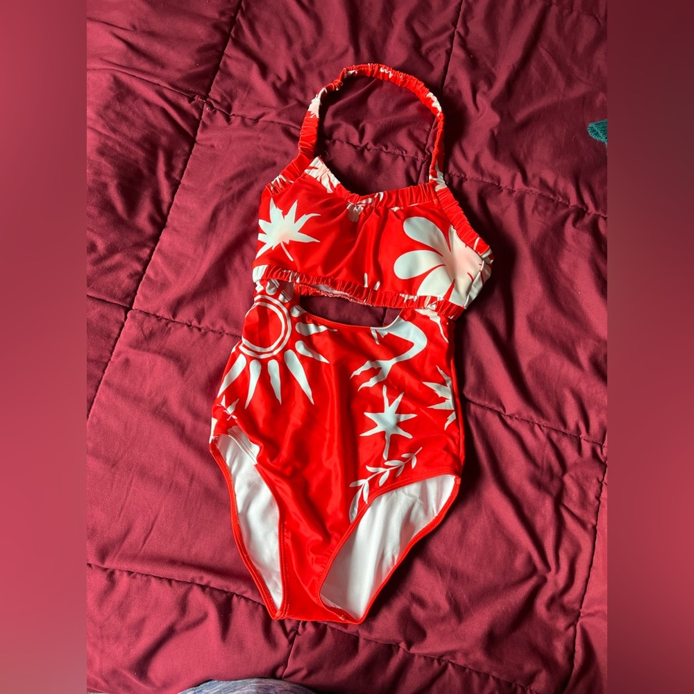 1930s-style red and white floral swimsuit